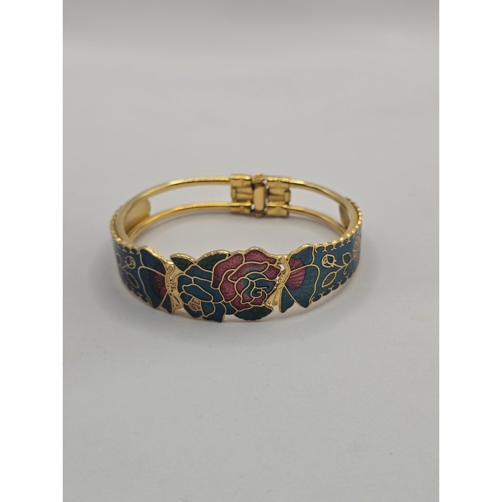 Vintage Cloisonne Enamel Hinged Clamper Bracelet Gold Tone Teal Pink Rose Floral